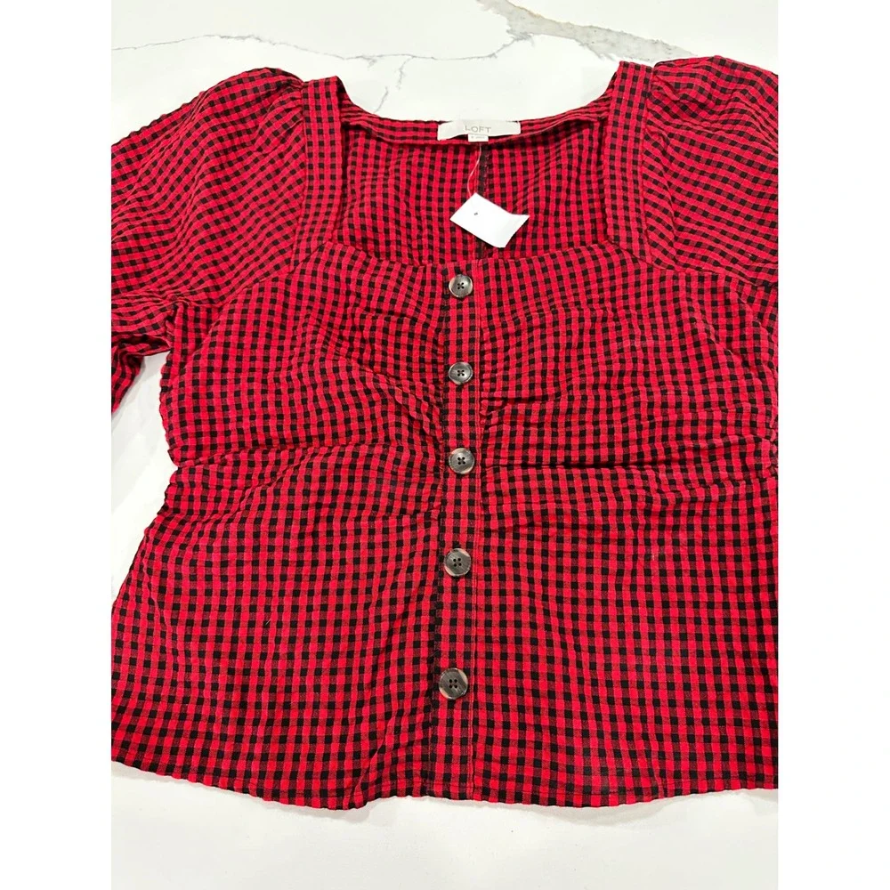 LOFT Red Black Gingham Check Square Neck Button Front‎ Puff Sleeve Blouse Size 6